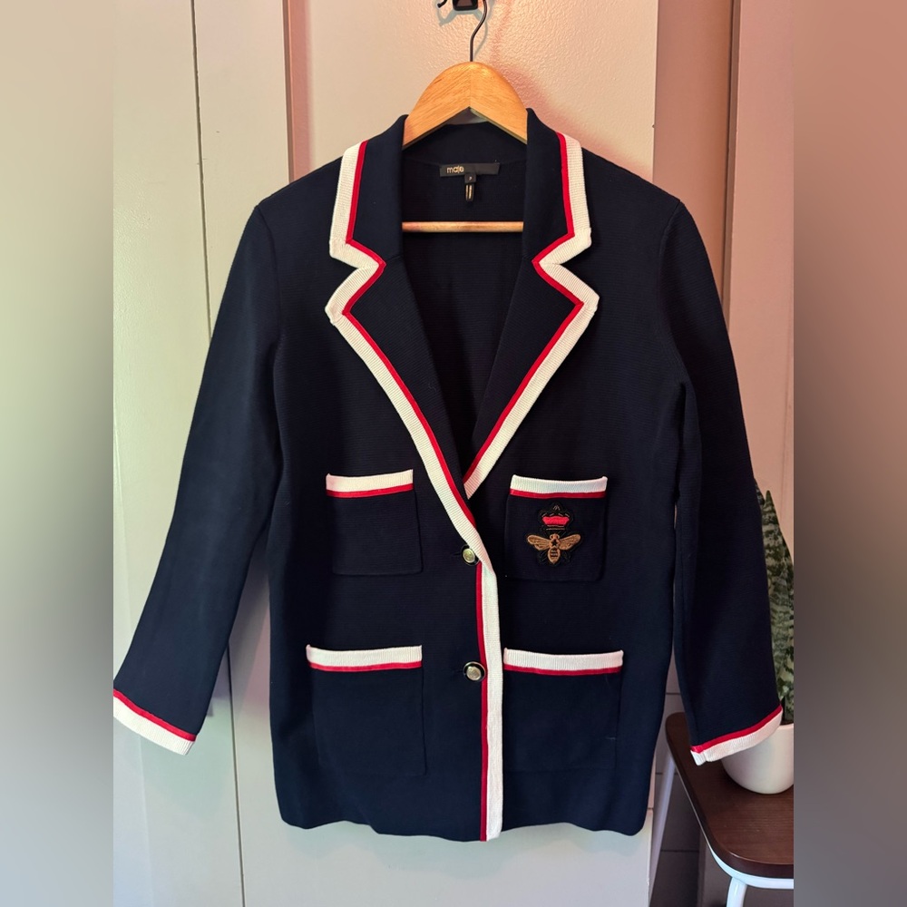 Maje Navy Sweater Blazer with Contrasting Trim